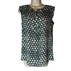 LOFT Gray and White Graphic Tie Front Blouse Sz M